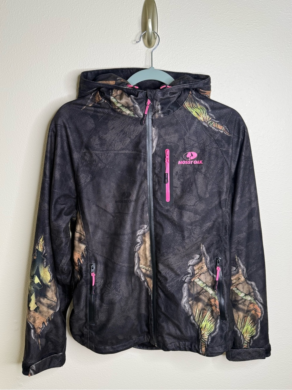 Mossy Oak Womens S Regular Hooded Full Zip Camo Polyester Jacket Black Pink